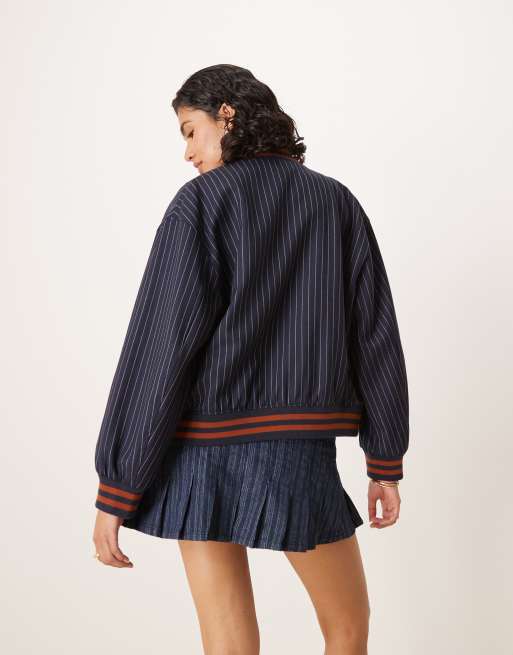 GANT pinstripe varsity bomber jacket in navy, 3 of 4