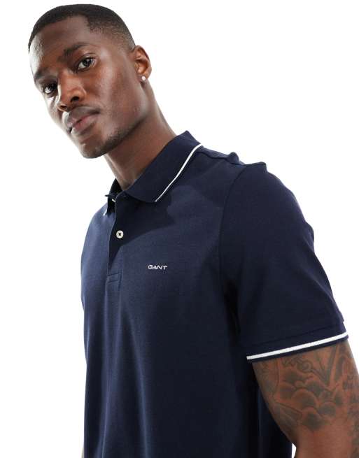 GANT - Piqué polo met logo en gekleurd randje in marineblauw