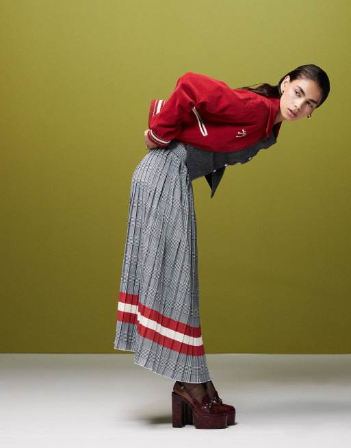 GANT pleated check midi skirt with stripe detail in grey, 2 of 5