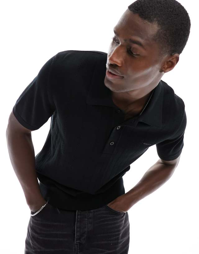 Gant - pointelle textured knit polo in black