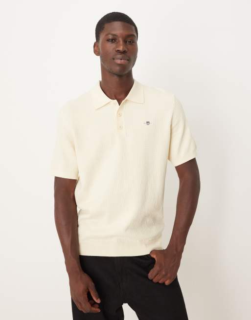 GANT - Polo a maniche corte in cotone color panna testurizzata