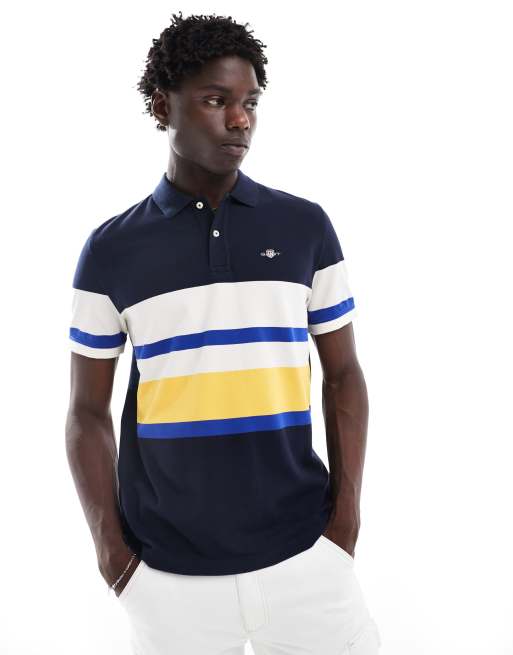 GANT Polo blu navy slavato multirighe con logo a scudo ricamato ASOS