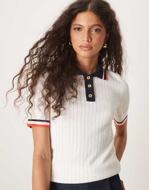 GANT - Polo color crema a coste con righe a contrasto sui bordi