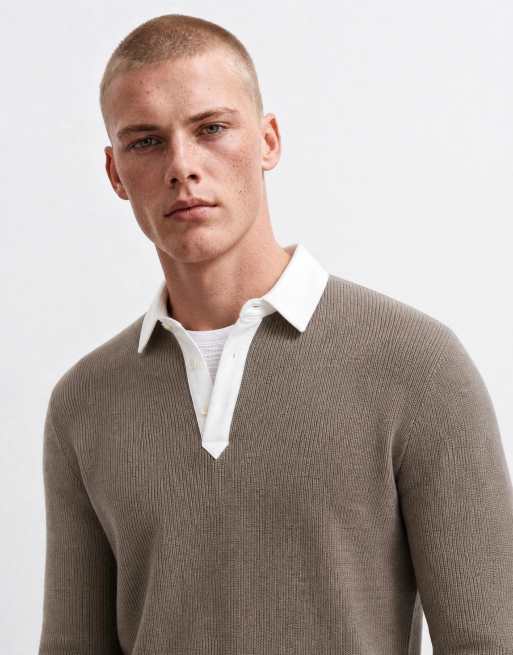 Gant - polo de punto de algodón y merino con cuello en contraste en beige, 9 de 10