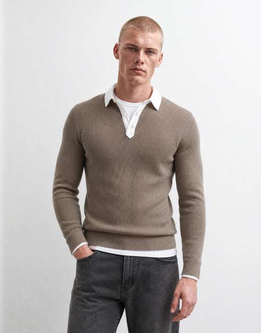 Gant polo en maille rugby en coton et mérinos à col contrastant beige, 6 de 10