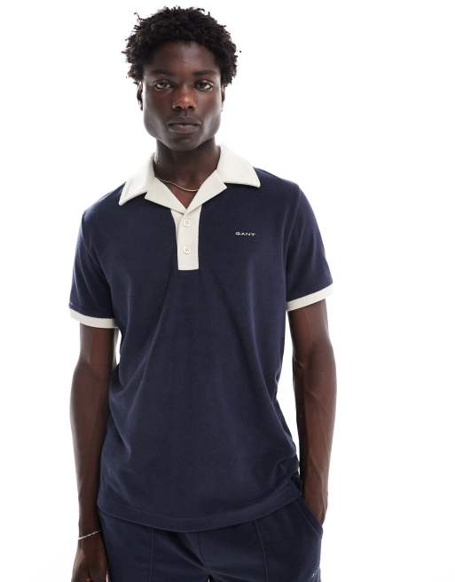 GANT - Polo in spugna blu navy con colletto resort a contrasto e logo in coordinato