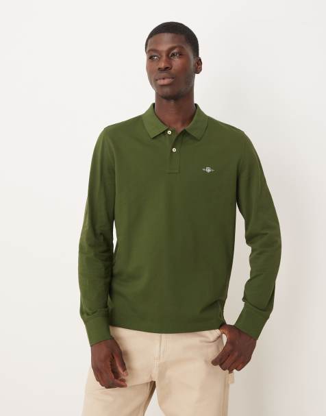 GANT - Polo piqué a maniche lunghe verde scuro con logo dello scuro - view 1
