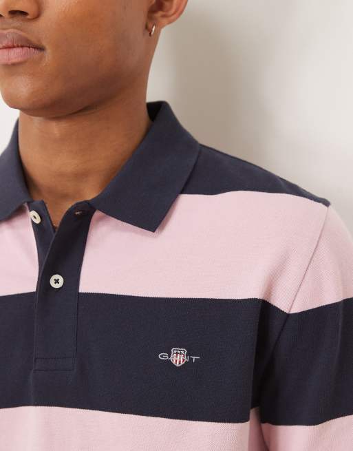 GANT - Polo piqué a righe colorblock rosa con logo dello scudo, 2 di 4