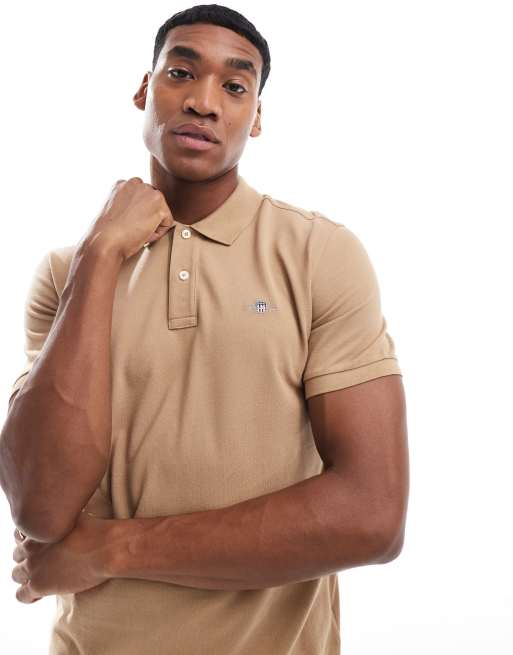 GANT - Polo piqué vestibilità classica color cuoio con logo dello scudo