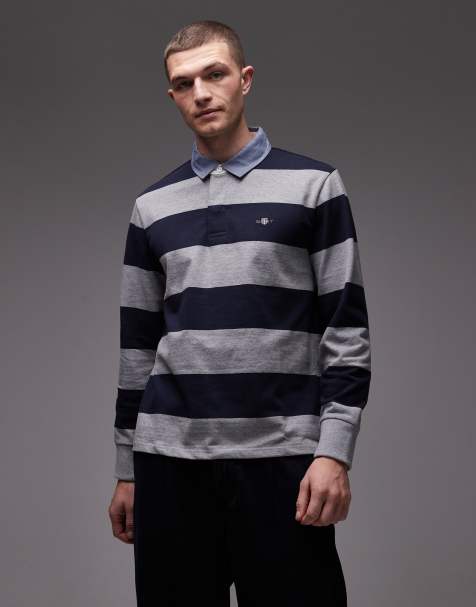GANT - Polo stile rugby grigia e blu navy a righe con colletto in chambray - view 1