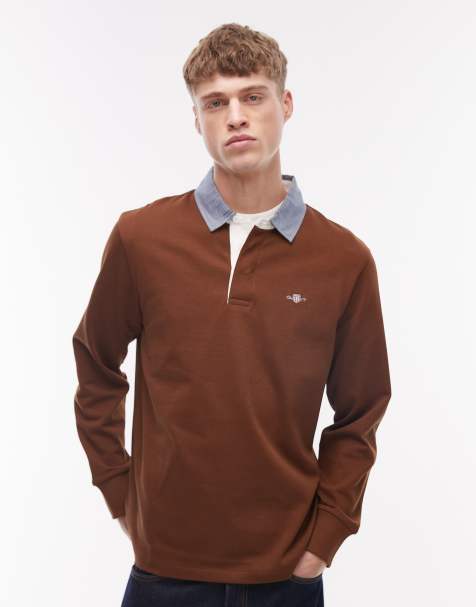 GANT - Polo stile rugby pesante marrone con colletto in chambray - view 1
