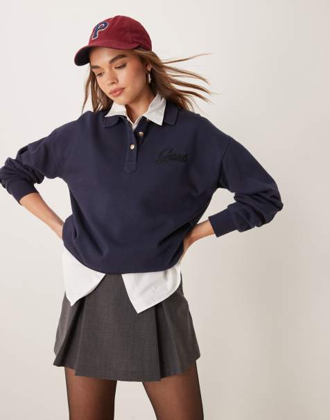 Gant - Polo sweatshirt met logo en kraag met Schotse ruit in marineblauw - view 1