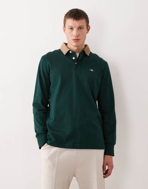 GANT - Polo verde scuro a maniche lunghe con colletto in velluto a coste - view 1