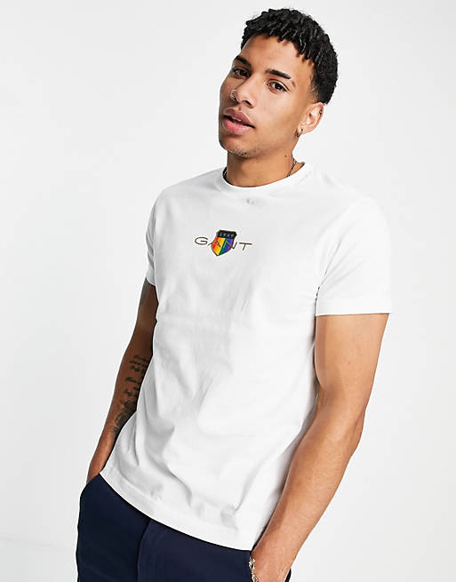 GANT pride capsule rainbow chest crest logo t-shirt in white 