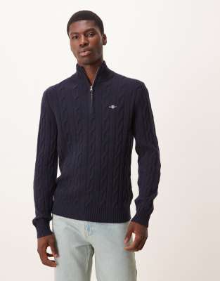 GANT - Pull à col zippé en maille torsadée de laine d'agneau - Bleu marine