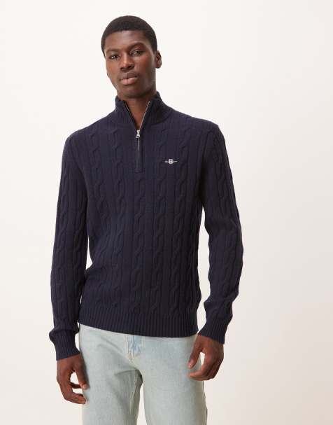 GANT pull à torsades en laine d’agneau zippé au quart bleu marine - view 1