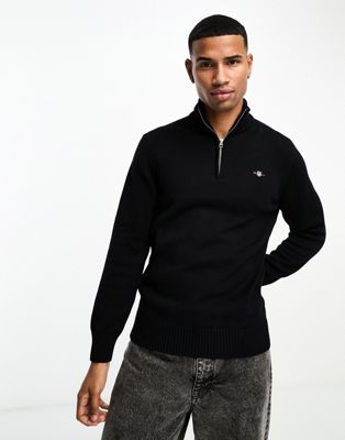 GANT icon logo casual cotton knit half zip jumper in black - ASOS Price Checker