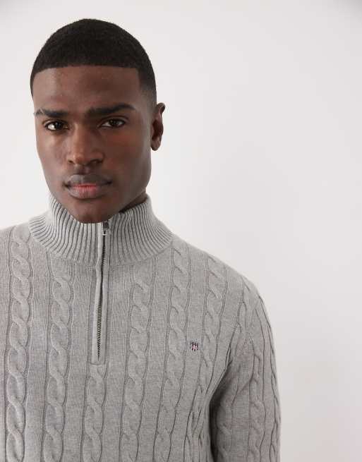 Gant - Pull en maille de coton torsadée à fermeture éclair partielle - Gris, 4 de 5