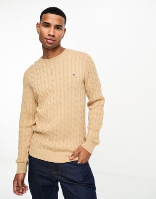 GANT icon logo cotton cable knit jumper in tan marl - ASOS Price Checker