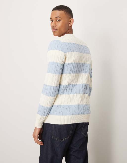 GANT - Pull en maille torsadée de coton avec grosses rayures et logo blason - Bleu clair, 3 de 4