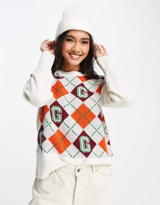 GANT - Pull ras de cou en maille à motif losanges - Crème
