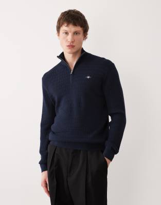 Gant - Pull texturé avec col à fermeture éclair - Bleu marine
