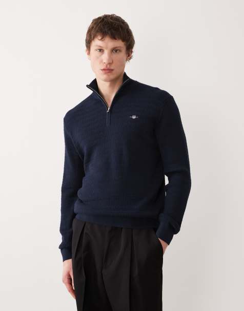 Gant - Pull texturé avec col à fermeture éclair - Bleu marine - view 1