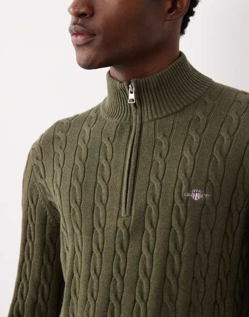 GANT – Pullover aus Baumwolle in Khaki mit Zopfstrickmuster und halblangem Reißverschluss, 3 von 5
