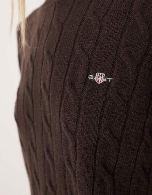 GANT pure lambswool cable knit jumper in dark brown, 4 of 4