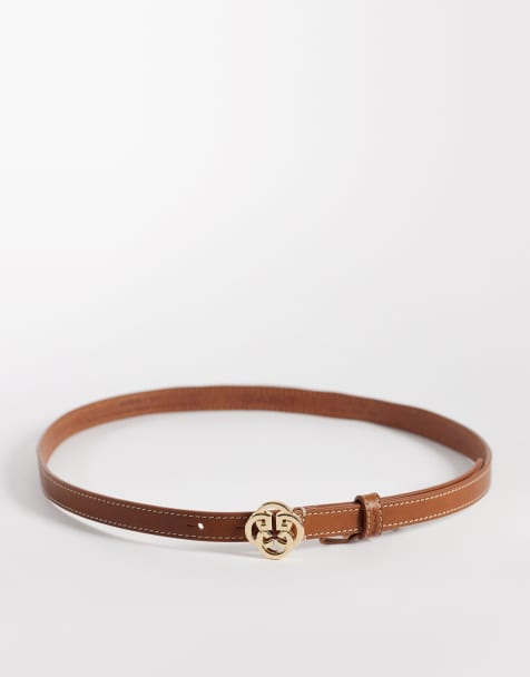 GANT real leather thin belt with gold buckle detail in brown - view 1