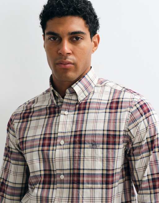 GANT regular fit check poplin shirt in burgundy, 5 of 5