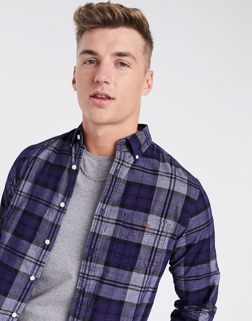 Gant - Regular-fit corduroy overhemd met knopen en logo op borstzak en Schotse ruit in marineblauw