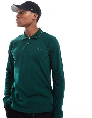 Gant GANT regular fit long sleeve tipped polo with logo in dark green