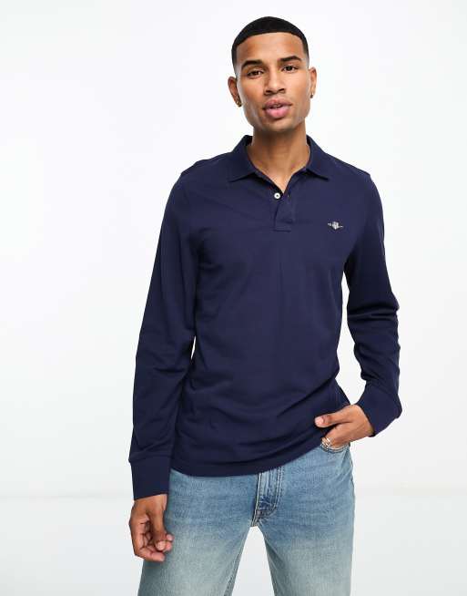 GANT - Regular-fit piqué polo met lange mouwen en schildlogo in marineblauw