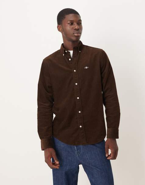 GANT regular fit shield logo cord shirt in brown - view 1