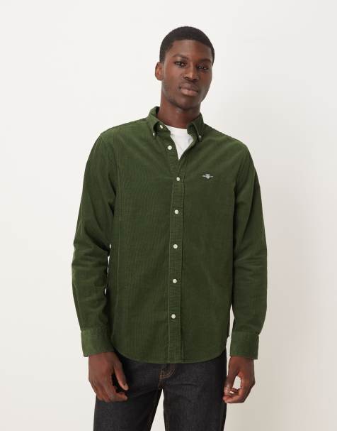 GANT regular fit shield logo cord shirt in dark green - view 1