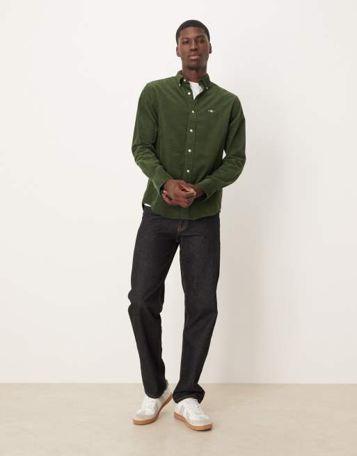 GANT regular fit shield logo cord shirt in dark green, 2 of 5