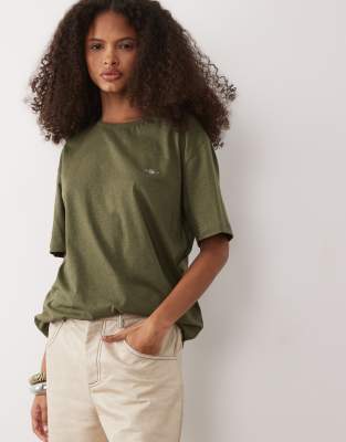 GANT - Regular-Fit-T-Shirt in Khaki meliert mit Logo-Grün