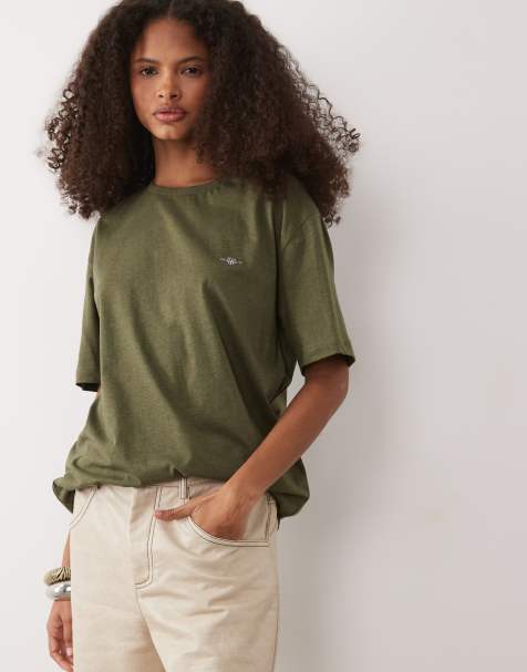 Gant regular logo t-shirt in khaki melange - view 1