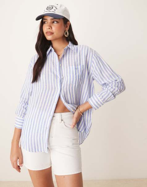 GANT relaxed fit logo linen striped shirt in blue - view 1