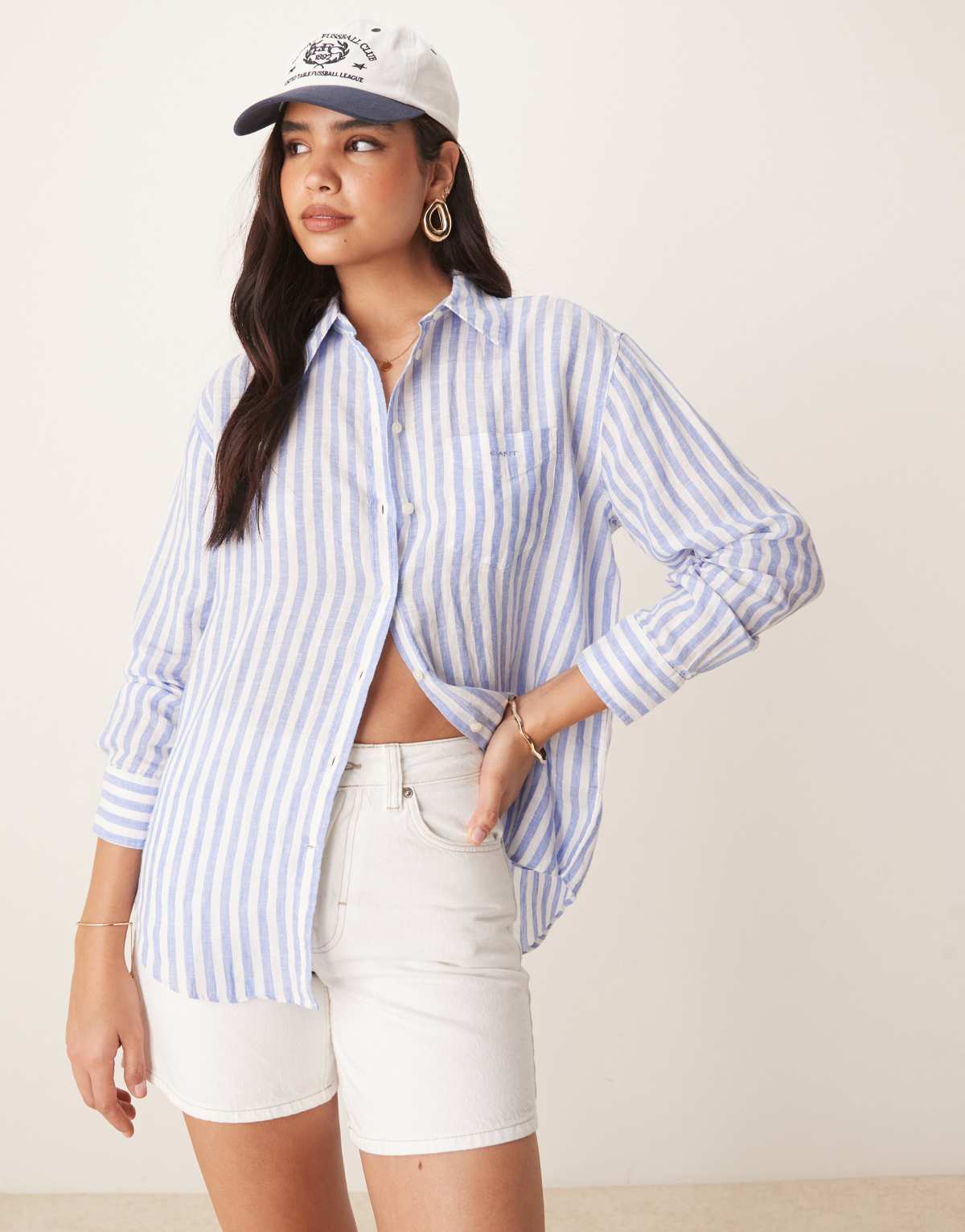 GANT relaxed fit logo linen striped shirt in blue