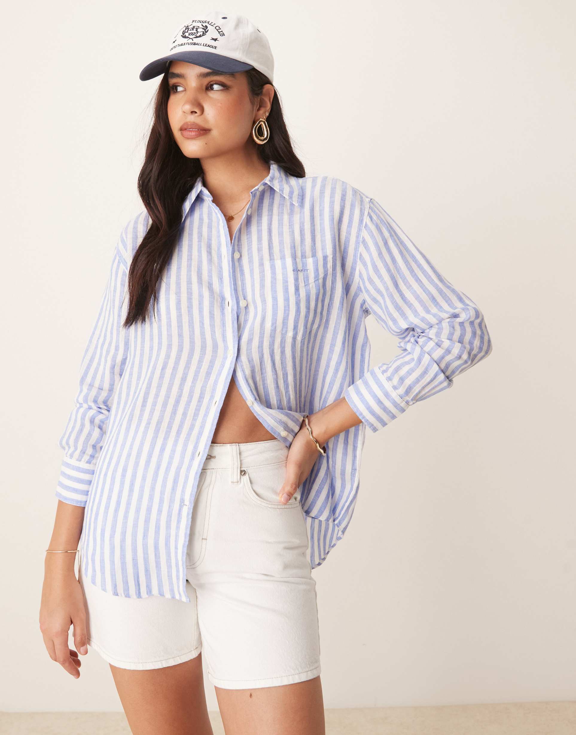 gant relaxed fit logo linen striped shirt in blue