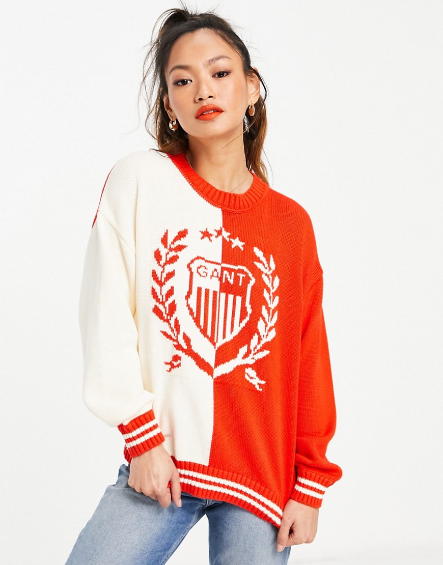 GANT relaxed sweater with embroidered crest logo in white and red