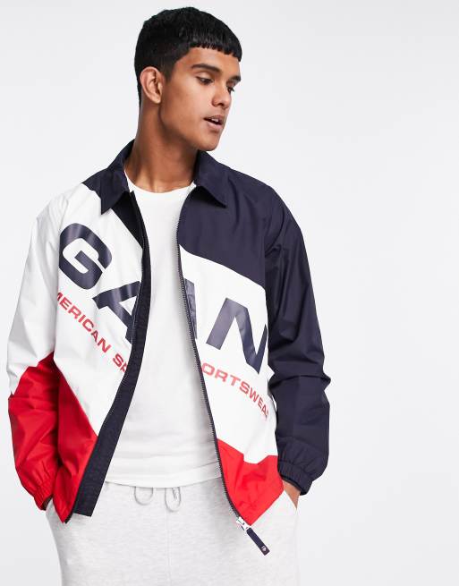 GANT retro logo colour block nylon windrunner jacket in navy/red/white ...