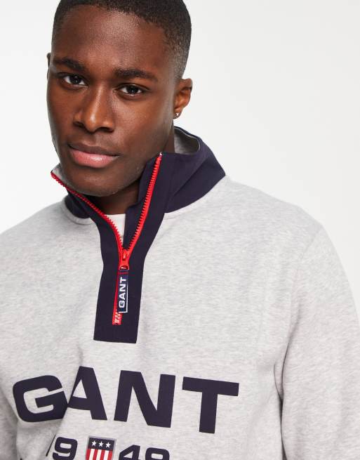 GANT retro logo half zip sweatshirt in grey marl