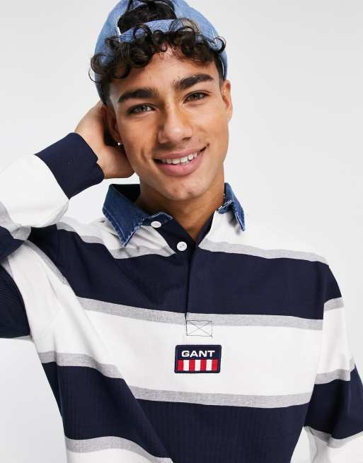 GANT retro logo stripe heavy rugby polo in eggshell white