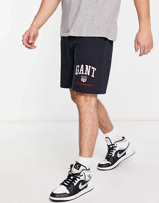 GANT retro shield logo contrast waistband sweat shorts in navy