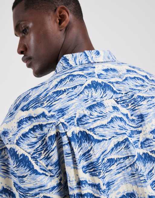 GANT revere collar wave print co-ord shirt in vintage blue, 5 of 5