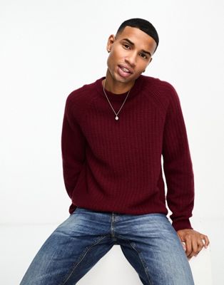 GANT rib texture knit raglan relaxed fit jumper in burgundy