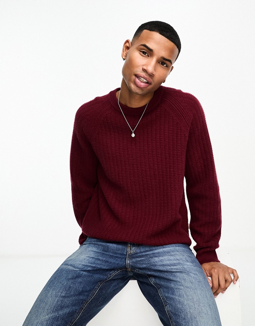 GANT rib texture knit raglan relaxed fit jumper in burgundy-Red